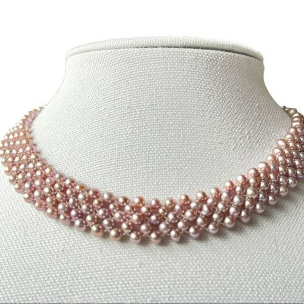 Lavender Freshwater Pearl Multi Strand Choker Necklace 925 Sterling Silver Clasp